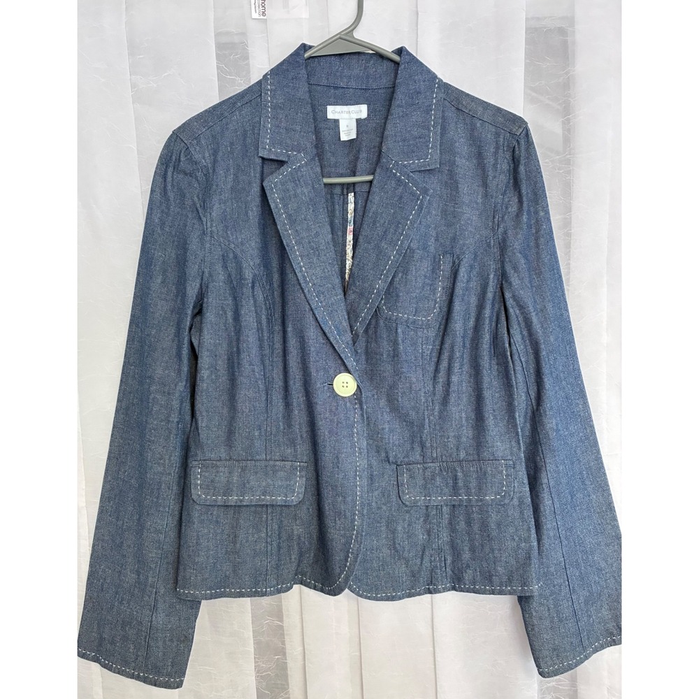 Charter Club Womens Blue Denim Blazer‎ Jacket Contrast Stitch Cotton Size 8